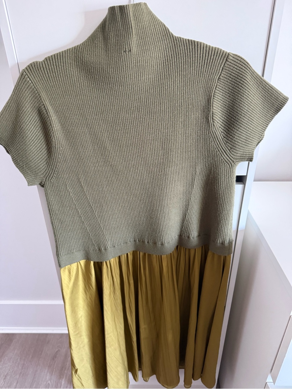 Anthropologie Knit Top & Pleated Skirt Two-Tone Dress in Olive and Mustard